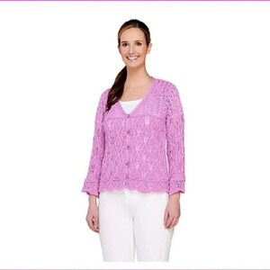 Aran Craft Size S Blue Cotton & Linen 3/4 Sleeves Open Knit Shrug Cardigan NEW!